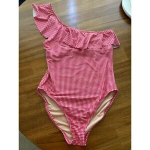 J Crew Ruffle One Shoulder Red White Gingham Full Coverage One Piece EUC Large